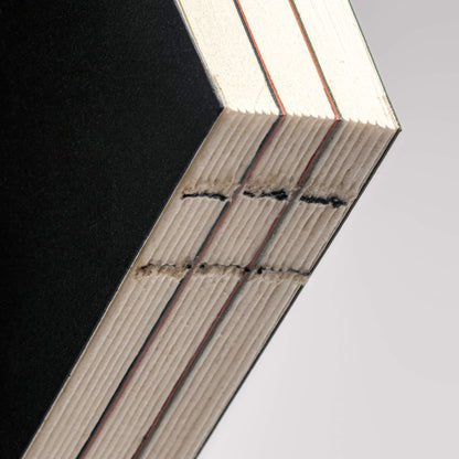 Close-up of basenotes 0144 notebook spine showing exposed hand-sewn binding and precise stitch alignment.