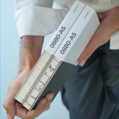 Close-up of two basenotes 0880 A5 Notebooks with white sleeves showing the product code and visible stitching detail.