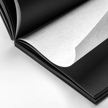 basenotes 1623B Black Paper book opened to show tracing paper between black pages.