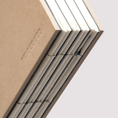 Close-up of basenotes 2333 Kraft Paperbook showing embossed logo and fine hand-stitched spine.