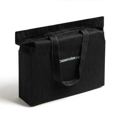 Black basenotes fabric tote bag in white background