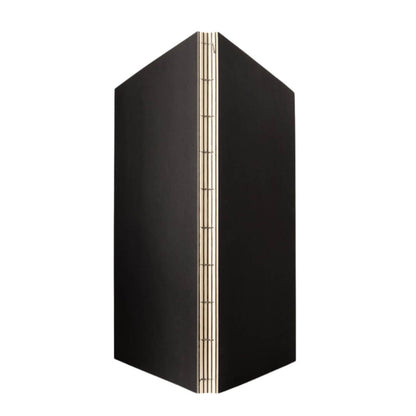 Hand-stitched lay-flat binding of a sketchbook, showing exposed spine and durable construction.